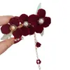 Pasador de Flor de Terciopelo Rojo para Mujer, Accesorio para el Cabello Exquisito de Alta Gama, Pinza para el Cabello de Perla Estilo Antiguo, Pinza de Pato