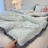 Conjunto de Roupa de Cama de Quatro Peças em Algodão Puro Lavado Estilo Francês, Capa de Edredom em Gaze de Camada Dupla, Lençol de Cima, Lençol de Elástico, Conjunto de Três Peças Estilo Estudante 4