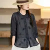 Camisa bordada de algodão e linho retrô feminina verão 2025 nova mãe moderna fina de linho camisa pequena top de sete mangas