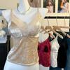Camisola Sexy de Terciopelo con Encaje para Otoño e Invierno Espalda Hermosa Ropa Interior Base Push-Up Fijo con Copa Fija Ropa Exterior Top