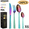 Nuevo juego de cubiertos de acero inoxidable con patrón de Amazon, cuchillo, tenedor y cuchara, juego de 24 piezas, traje de cuchillo, tenedor y cuchara para steak occidental para 6 personas