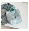 Bolso de Hombro de Lona a Cuadros Mangbo Menta Fresca Bolso Tote de Gran Capacidad Doble Uso Simple Doble Pan Primavera y Verano Nuevo