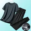 Traje Casual de Sensación Hielo para Hombre, Verano Transpirable de Secado Rápido Elástico de Manga Corta y Pantalón Largo, Conjunto de Ropa Deportiva de Cuello Redondo para Hombre, Atuendo de Moda para Hombre