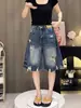 Moda de Verano Nueva Personalidad Estilo Americano Shorts de Mezclilla Rasgados Talla Grande para Mujer, Corte Holgado, Favorecedores, Elegantes Pantalones de Cinco Puntos de Pierna Ancha