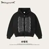 Sudadera con capucha estilo callejero retro americano, estampado de copo de nieve rosa, resistente, holgada, corte caja, con cierre de cremallera y detalles de botones.