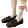 Calcetines de otoño e invierno para mujer hasta la pantorrilla con diseño geométrico calado, calcetines largos serie color café, calcetines de algodón puro blanco lechoso para mujer, versátiles y sencillos