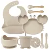 Set de Alimentación para Bebé de Silicona de 9 Piezas - Plato Dividido con Ventosa y Tazón con Forma de Cangrejo con Babero Ajustable y Utensilios