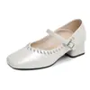 Tacones Altos de Punta Cuadrada para Mujer 2026 Otoño Nuevos Mary Janes Elegantes de Correa Única Zapatos Planos para Mujer para Faldas Zapatos de Mujer
