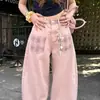 Calça jeans rosa estilo americano retrô para mulheres, nova coleção primavera/outono 2026, modeladora, moderna, casual, linha A, solta, perna larga
