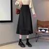 Saia midi feminina de primavera, estilo A, plus size, cintura alta irregular, estilo coreano, saia evasê que cobre o quadril com barra larga