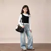 Conjunto de Dos Piezas para Niñas, Moda Casual de Primavera y Otoño, Top Color Block Estrellado con Pantalones de Pierna Ancha
