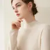 Suéter de malha 100% caxemira pura, novo para outono e inverno, caimento solto com bordas enroladas, gola semi-alta, suéter pullover versátil, camada base