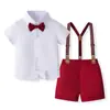 Fábrica de origen ropa infantil transfronteriza estilo británico verano nuevo traje de camisa de manga corta de color liso con tirantes para niños