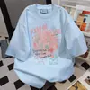 Camiseta feminina de algodão puro com estampa graffiti estilo retrô japonês, fofa e simples, corte solto, top estilo BF para o verão