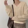 Foto real~Outono/Inverno 2026 Novo Estilo Coreano Gola V Casual Versátil Suéter de Tricô Trançado Cor Sólida Solto Relaxado