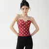 Top de tirantes de malla de lunares empalmado para yoga para mujer, escote en forma de corazón, copas fijas integradas, ajustado al cuerpo, ceñido a la cintura, camiseta sin mangas deportiva para fitness