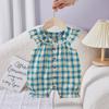 Ropa de verano para bebé, camiseta con abertura frontal para niña, camiseta a cuadros con mangas abullonadas, camiseta fina para recién nacidos, traje de escalada para niña