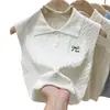 Colete Tricot Gola Polo para Mulheres, Peça de Sobrepor de Verão, Roupa de Baixo, Regata sem Mangas, Top Curto Bordado, Branco