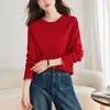 Cardigã de Lã Tricot Vermelho para Mulheres, Novo Estilo Outono/Inverno 2026, Gola Redonda, Renda em Cor Contrastante, Casaco Suéter Vintage Solto
