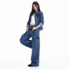 Jeans workwear azul transfronteiriço estilo americano lavado com bolsos patch tridimensionais para mulheres, novo modelo do início do outono de 2026, solto e texturizado, casual