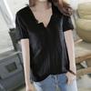 2024 Verano Nuevo Estilo Coreano Algodón Bambú Color Puro Camiseta de Manga Corta para Mujer Cuello en V Suelta Casual Manga Media Camiseta Top