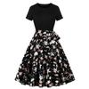D fábrica transfronteriza venta directa verano nuevo retro europeo y americano mujer cuello redondo manga corta estampado de retazos negro vestido