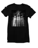 Camiseta de Manga Curta com Estampa de Vitral de Igreja Gótica Escura Retro Americano Luz e Sombra Caligrafia Solta Preta Meia Manga