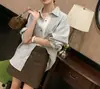 Camisa de manga larga con cuello y patchwork de rayas verticales para mujer, estilo coreano, casual, holgada, versátil, adecuada para primavera, otoño y verano
