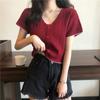 Camiseta de Nuevo Estilo Veraniego Tops para Mujer Dulce Estudiante Seda de Hielo Cuello en V Manga Corta Aspecto Adelgazante Estilo Corto de Cintura Alta Tendencia de Nicho para Mujer