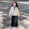 Camisa POLO de Otoño Minimalista de Nicho con Personalidad de Moda Sudadera con Capucha Falsa de Dos Piezas Conjunto de Dos Piezas de Pantalones de Pierna Ancha con Parches de Cuadros para Niñas