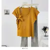 Top de punto de manga corta con cuello en U y pajarita para mujer, versátil para el verano, corte ajustado, estilo corto, Ropa para mujer