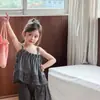 Estilo Coreano Verão Novo 2026 Conjunto para Meninas Roupas Infantis Renda Elegante Floral Camisole Top Conjunto de Duas Peças