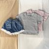Conjunto de dos piezas de verano a rayas 2023: Top + Shorts de mezclilla, traje casual y versátil para salir para niños y niñas de 1 a 3 años