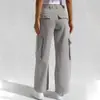 Pantalones de trabajo de pierna ancha de cintura media-alta transfronterizos para mujer, pantalones largos rectos de algodón lavado multibolsillo, pantalones holgados adelgazantes de largo hasta el suelo