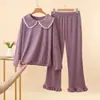 Conjunto de Pijama de Felpa Dulce con Cuello de Muñeca de Lunares para Mujer, Manga Larga Holgado con Ribete de Encaje, Conjunto Cálido para Casa