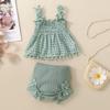 Al038-1 Malla de Algodón Teñido a Alta Temperatura Encaje Albaricoque Tirantes Camisa Baby Doll Diez Pantalones Cortos Moda Niña Conjunto de Dos Piezas