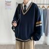 Outono e inverno suéter masculino com decote em V japonês retrô solto estilo coreano moderno pulôver casual moda marca bf suéter combinando cores