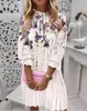 Ropa de mujer transfronteriza 2021 Nueva estación independiente de Amazon Vestido jersey estampado plisado de manga de siete puntos para otoño e invierno