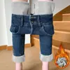 Calça jeans skinny cintura alta forrada com fleece feminina outono e inverno azul cinza quente elástica cropped espessa calça de bota lápis