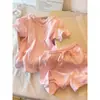 Conjunto de Pijama Doce Rosa com Renda Francesa para Mulheres Verão Cardigã Manga Curta Shorts Conjunto para Casa