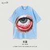 Camiseta de rua europeia e americana, nacional, da moda, pesada, lavada, antiga e vestida, com estampa de olhos, gola redonda, solta, manga curta, para homens e mulheres