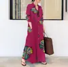 Destaque 2024 Algodão e Linho Estampado Gola Lapela Manga Longa Bolso Simples Solto Literário Casual Vestido Camisa Longo