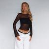 Top de Verano 2025 Transparente de Malla con Cuello Redondo y Mangas Largas con Capa Interior Camiseta Sexy Transfronterizo Europeo y Americano