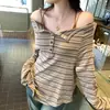 Marca Comércio Exterior Estilo Americano Menina Picante Manga Longa Listrada Solta Fora do Ombro Camiseta para Mulheres Nova para Primavera e Outono 2025 Camisa Básica
