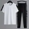 Traje Deportivo de Hielo de Seda de Secado Rápido para Hombre Verano Camiseta de Manga Corta Pantalones Largos Casuales Pantalones Cortos Conjunto de Dos Piezas Transpirable de Moda Camiseta