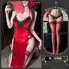 Lencería Sexy para Mujer, Cheongsam de Terciopelo, Espalda Descubierta Sexy con Abertura Alta, Camisón de Encaje Pura Tentación, Uniforme de Tentación Color Rosa Sin Quitar