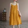 Algodão Linho Verão Novo Algodão Puro Alça Cor Sólida Vestido Feminino Artístico Elegante Solto Alça Interna Vestido Longo
