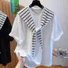Conjunto de dos piezas para mujer de talla grande con camiseta de manga corta a rayas y chal, adecuado para principios de primavera y verano, corte holgado, top de manga corta talla grande