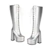 Novas Botas de Cavaleiro de Cano Alto com Cadarço Estilo Britânico Botas Femininas de Couro Envernizado Botas de Salto Alto Grosso Botas de Moda Estilo de Rua 40-48 Botas de Comércio Exterior