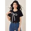 2025 Verano Top Combinable Estilo Dulce Cool Lazo Lentejuelas Camiseta de Manga Corta para Mujer